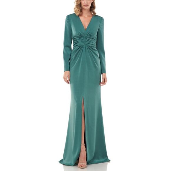 Kay Unger Size 10 Green Elegant V-Neck Ruched Waist Evening Gown Kayla Dress - Picture 1 of 16